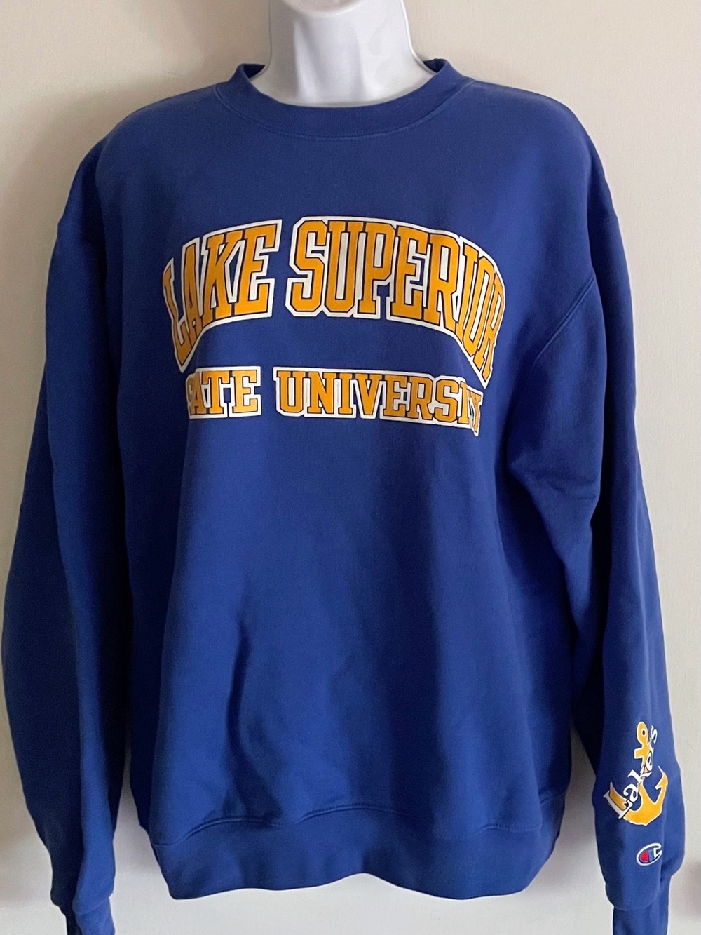 Champion LAKE SUPERIOR STATE UNIVE Blue Crewneck Sweatshirt with Yellow Letters